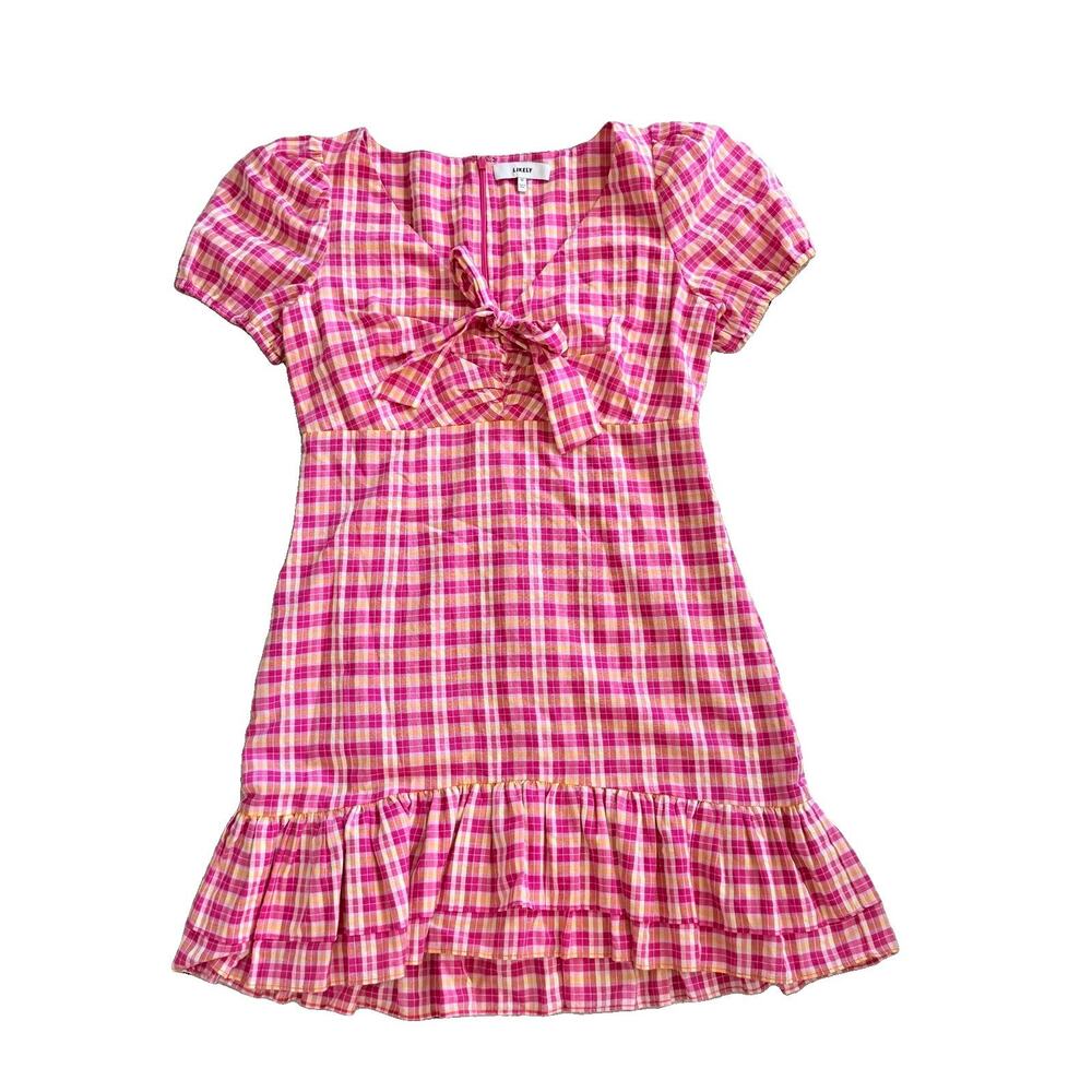LIKELY Kai Check Ruffle Hem Puff Sleeve Mini Dress in Fuchsia Multi 10 Revolve